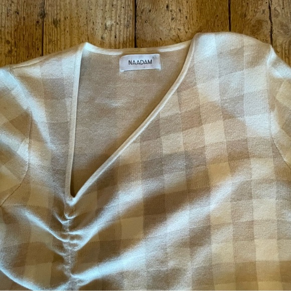 Naadam Knit Sweater Dress Small Beige Gingham Long Sleeve Bodycon Cashmere - Picture 6 of 8